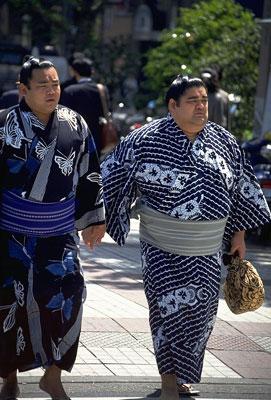 The Tokyo district of Rygoku is home of one of Japan's most famous Sumo wrestling facilities. Sumo wrestlers train very strenuously for their six annual basho tournaments, and must consume up to 10,000 calories a day to achieve and maintain their enormous stature. When they're not in training however, they can be seen strolling the city sidewalks wearing blue and white cotton robes called yukata.