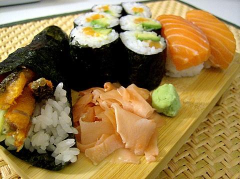 Salmon Skin Temaki, Salmon Makizushi, and Salmon Nigiri