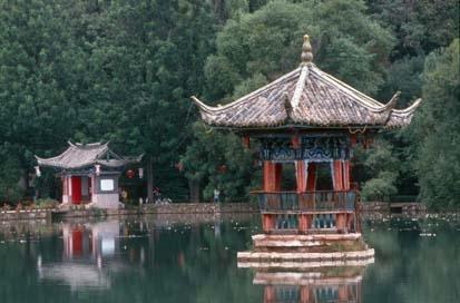 Lake pavilion in Black Dragon Pool Park. Lijiang, Yunnan, China.