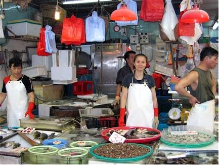 Fish sellers in a Hong Kong wet market