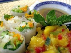 Rice Paper Summer Rolls with Pineapple Dipping Sauce and Tropical Fruit Relish
