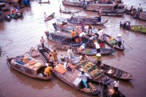 The buying and selling never stops at a floating market in Can Tho.