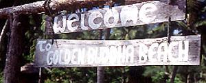 A hand-made sign greets visitors to the island.