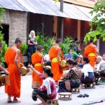 Monks are given rice by faithful women  on their early morning walk through Luang Prabang